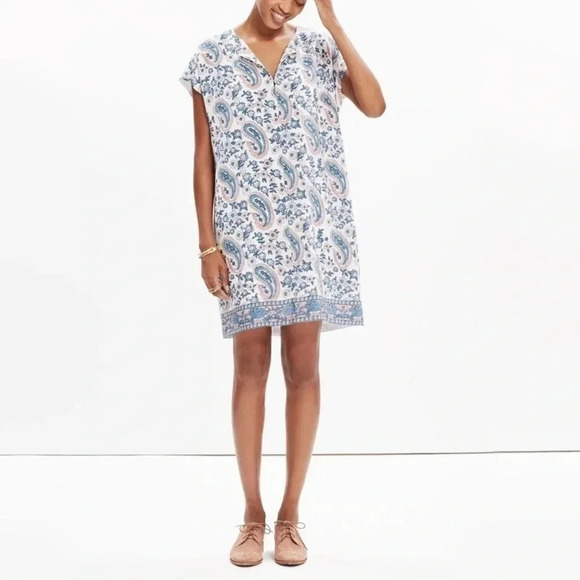 Madewell 100% Silk Floral Paisley Print Popover Dress Pink Blue Size XS - Picture 8 of 9